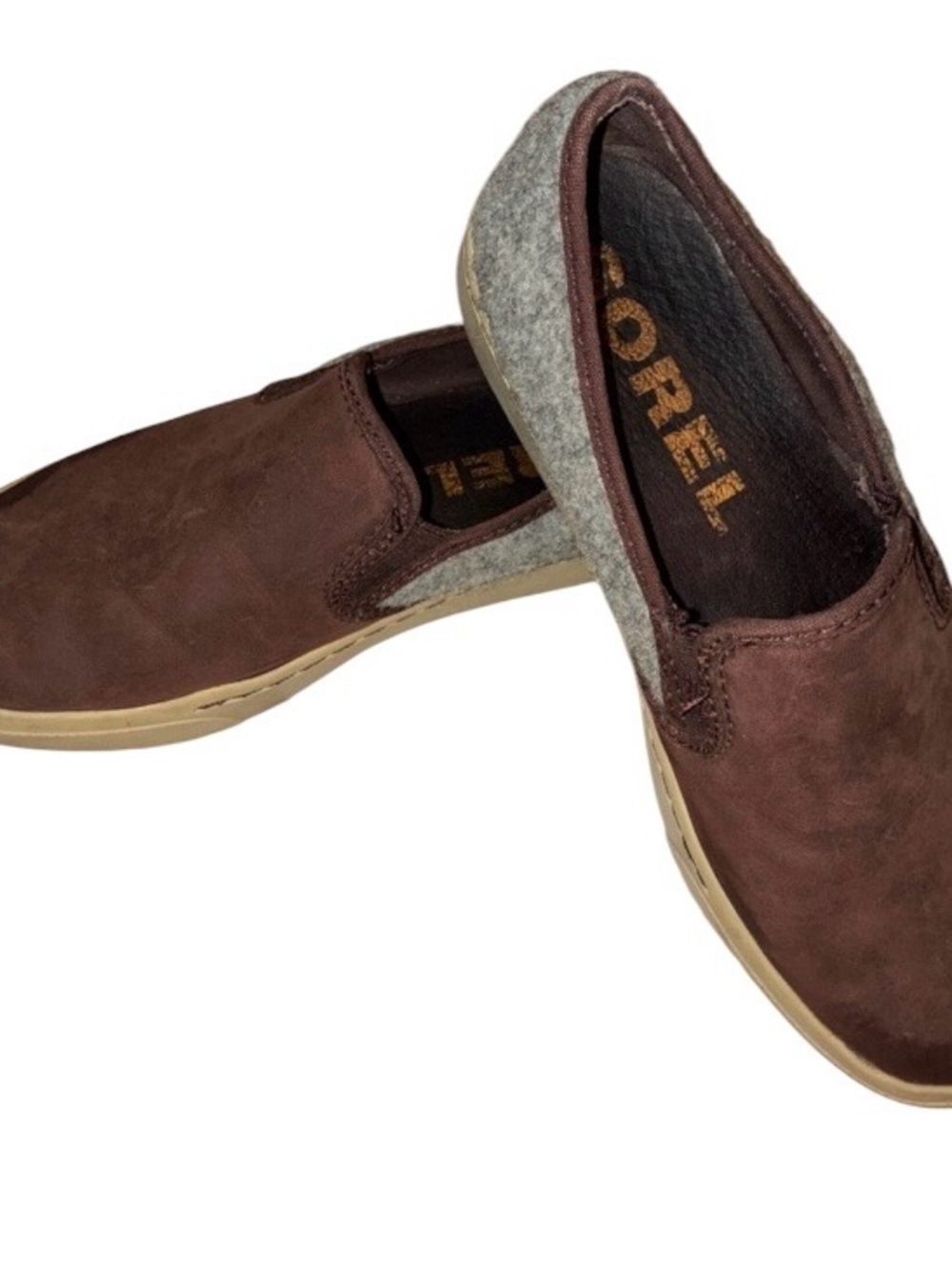 Sorel Women's Campsneak Slip On Brown Suede Gray Wool Sz 7 Preowned.